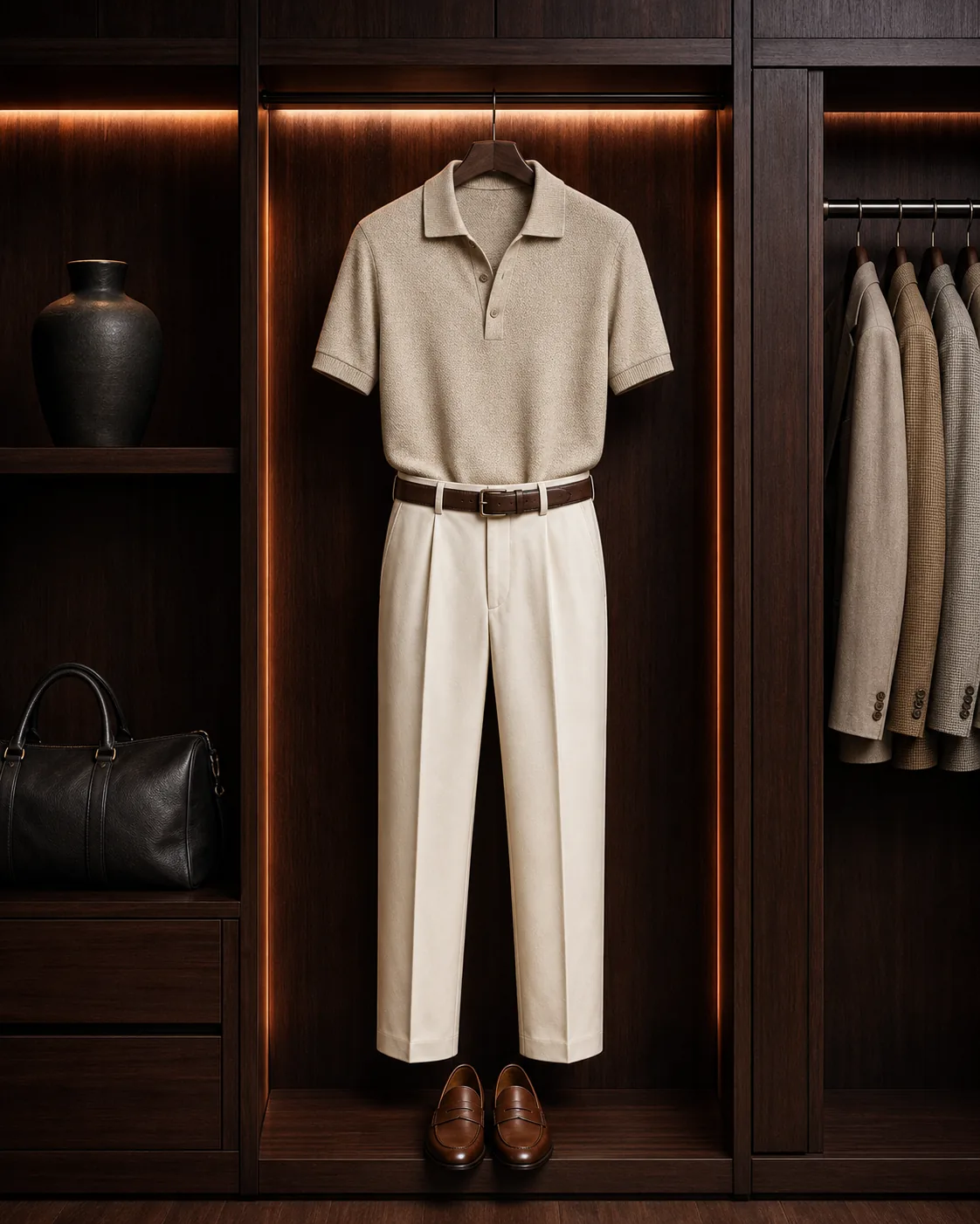 A complete neutral outfit illuminated inside a rosewood wardrobe
