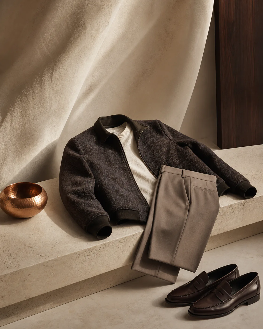 An espresso jacket, ivory knit, taupe trousers, and leather loafers arranged on pale limestone.